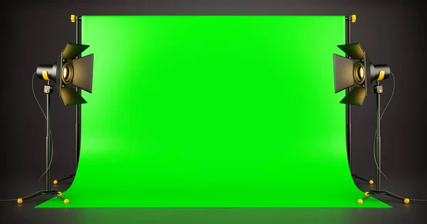 Green screen TV studio spotlights movie show film background. — Stock Photo, Image