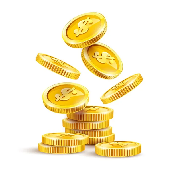Monedas Oro Dinero Efectivo Pila Pila Dólar Caída Monedas Aislado —  Fotos de Stock