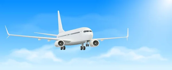大陸間飛行や旅行のための旅客航空機輸送機 雲と青空に翼を持つ着陸航空機 現実的なEps10ベクトル図 使用されるグラデーションメッシュ — ストック写真