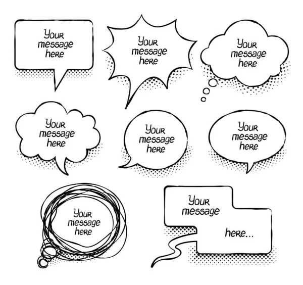 Comics message clouds collection. Hand drawn speech bubbles. Chat emotions messages. Comic balloon doodle style. Web design elements text for banners. Vector Illustration isolated on white background.