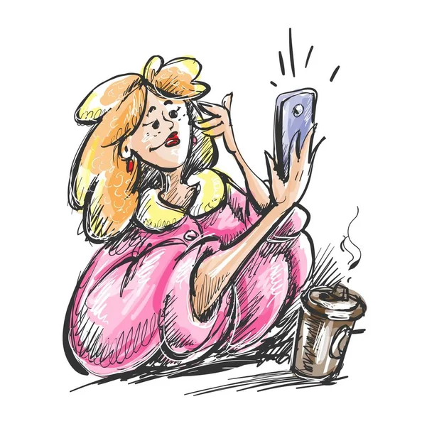 Hand Drawn Sketch Beautiful Fashionable Girl Young Woman Doing Selfie — Stock Photo, Image