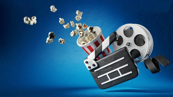 Online Cinema Art Movie Watching Clapperboard Popcorn Film Strip Disk — Stock Photo, Image