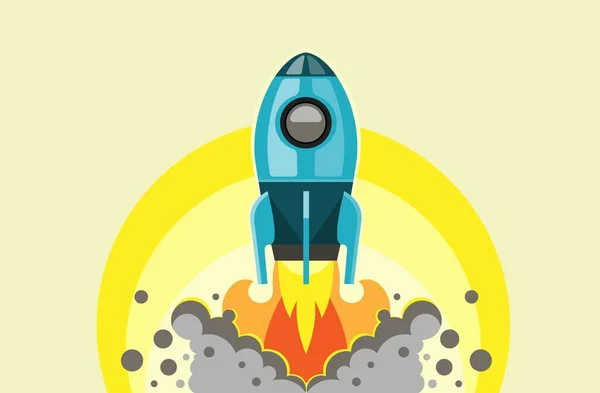 Spaceship rocket launch start of flying. Space ship in smoke cloud and fire from engine. Business startup concept. Simple flat style cartoon design. Vector illustration isolated on yellow background.