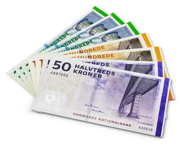 Empilhamento de 200, 100 e 50 notas de coroa dinamarquesa — Fotografia de Stock