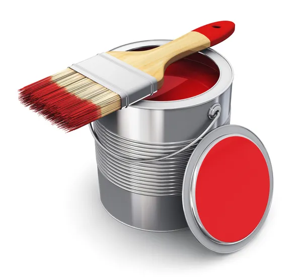 Can with red paint and paintbrush — Stock Photo, Image