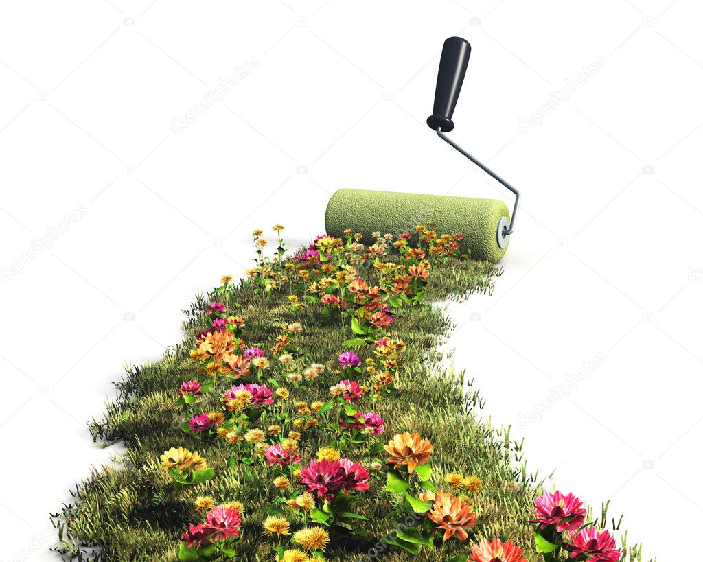 concetto ecologico — Foto Stock © scanrail Ecologico la protezione dell ambiente e la natura concetto di risparmio disegno prato di erba verde fresca con fiori colorati con il rullo di vernice