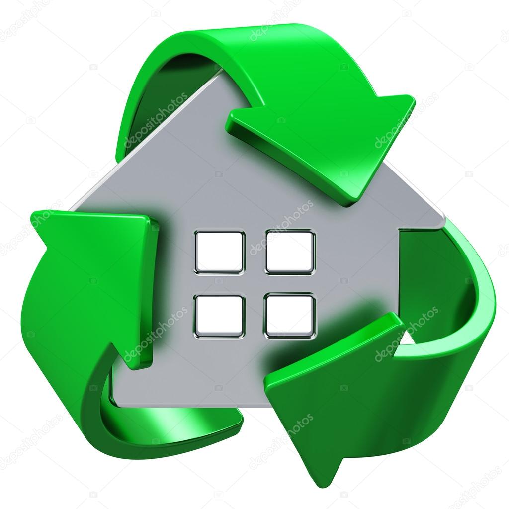 House ecology, home energy efficiency, environmental conservation and nature saving concept: metal house covered by green recycling symbol isolated on white background
