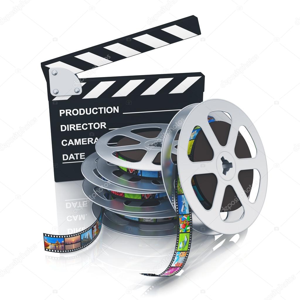 Clapper board and reels with filmstrips