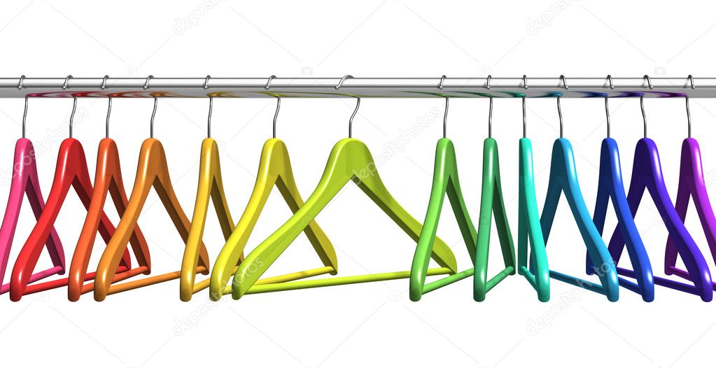 Rainbow coat hangers on clothes rail