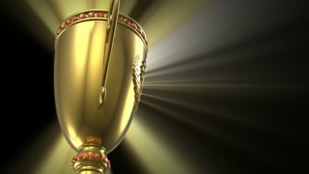 Award winning and championship concept: seamless loop golden glowing trophy cup on black background — Stock Video