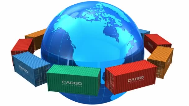 Worldwide shipping concept: seamless loop video of row of color cargo containers around the blue Earth globe isolated on white background — Stock Video