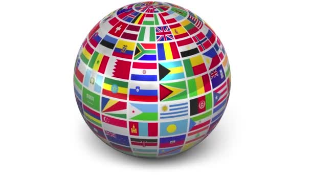 Rotating sphere with world flags isolated on white background