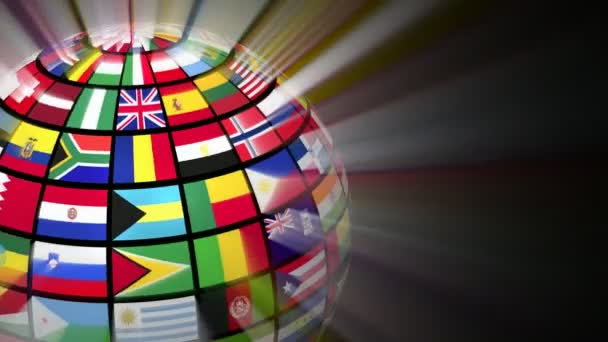Globální komunikační koncept: zářící rotující koule s vlajky na černém pozadí