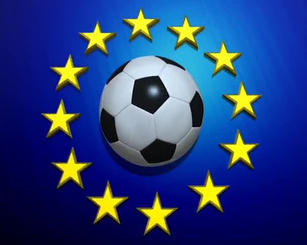 Roterende voetbal op Europese Unie vlag — Stockvideo