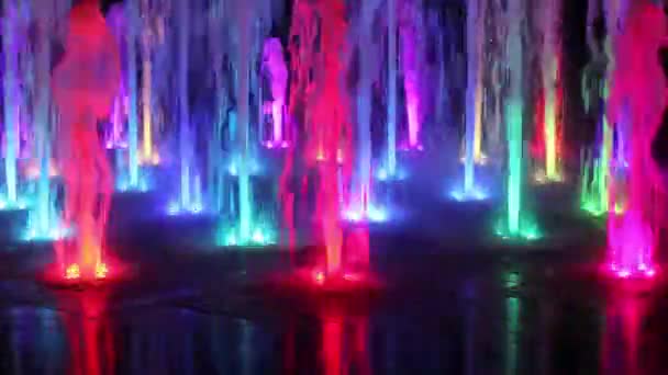 Prachtige kleurrijke fontein nachts — Stockvideo