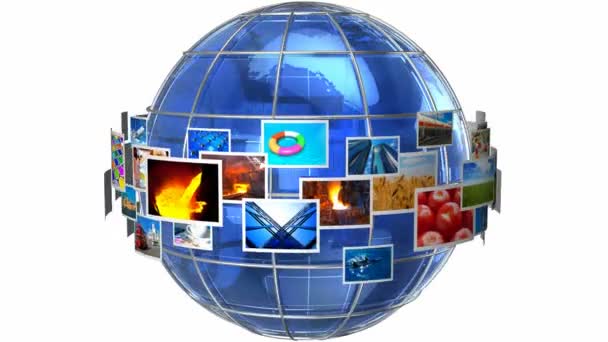 Telekomunikační a mediální technologie koncept: rotující shluk barevných fotografií kolem modré sklo Earth globe izolované na bílém pozadí