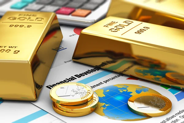 Gouden ingots en munten van financiële verslagen — Stockfoto