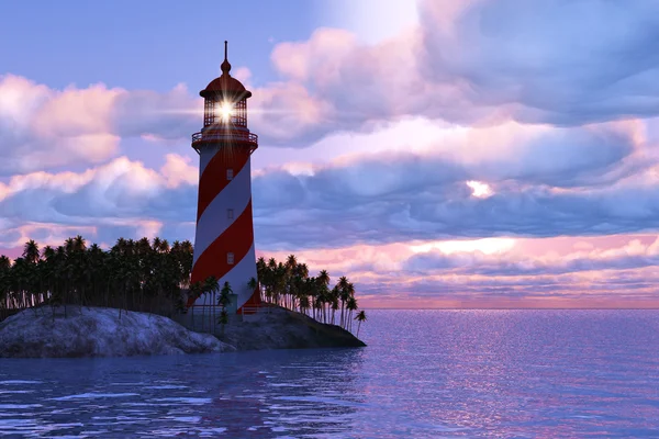 Dramatic sunset with lighthouse on island in sea — Stock Photo, Image