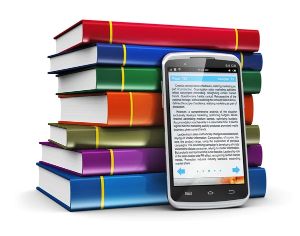 Smartphone avec texte et pile de livres en couleur — Photo