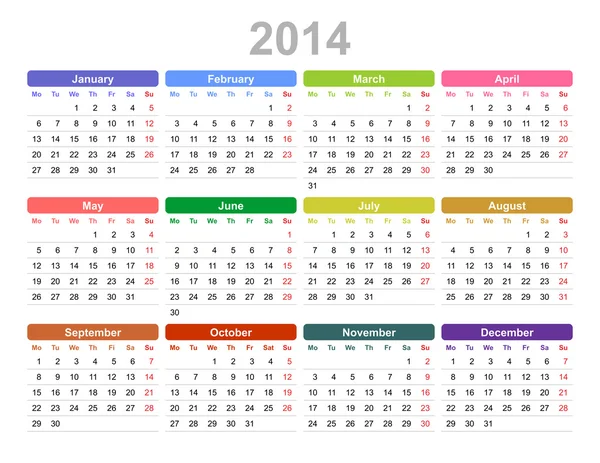 Calendario anual 2014 año (Lunes primero, Inglés ) — Vector de stock