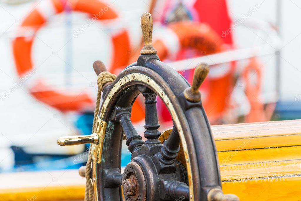 Steering wheel on sailing ship