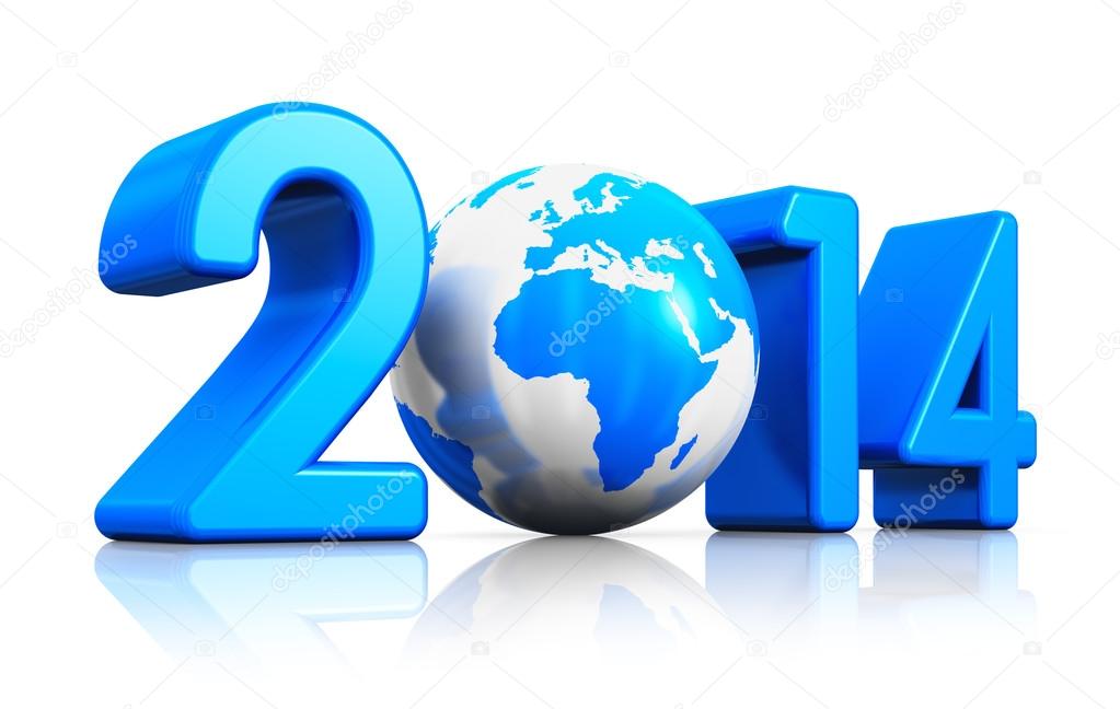 Creative New Year 2014 beginning celebration concept with blue glossy Earth globe isolated on white background with reflection effect