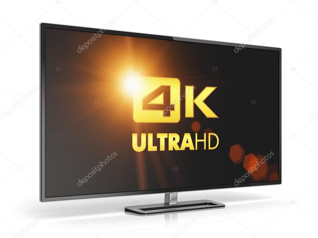 Creative abstract ultra high definition digital television screen technology concept: 4K UltraHD TV or computer monitor display isolated on white background with reflection effect