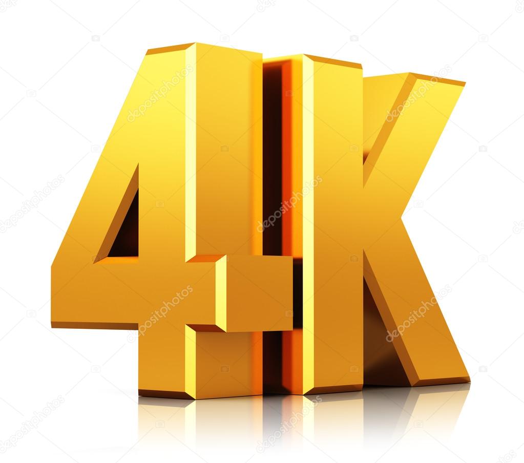 Creative abstract ultra high definition television technology concept: yellow golden 4K UltraHD TV logo sign or symbol icon isolated on white background with reflection effect