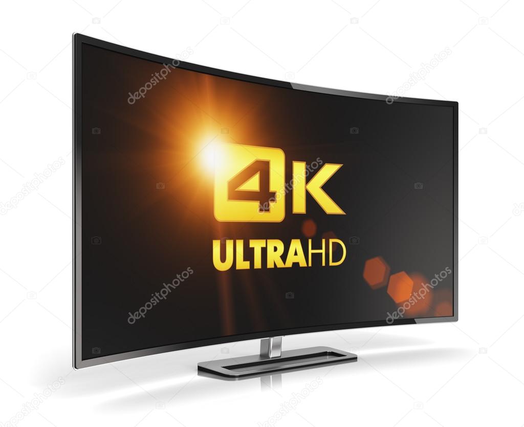 Creative abstract ultra high definition digital television screen technology concept: curved 4K UltraHD TV or computer PC monitor display isolated on white background with reflection effect
