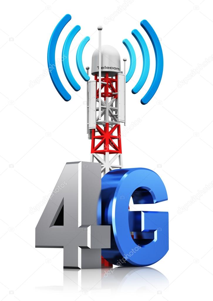 Creative abstract 4G digital cellular telecommunication technology and wireless connection business concept: mobile base station or TV transmitter antenna pylon with 4G sign, symbol or logo isolated on white background with reflection effect