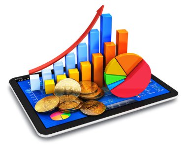 Yaratıcı soyut bitcoin borsa ticari finans konsepti: tablet bilgisayarına yığılmış altın kripto para sikkelerinin finansal uygulama ve renk başarı çubuğu grafikleri ve Whit üzerine izole edilmiş pasta diyagramı çizimi