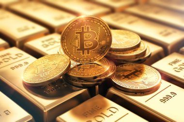 Yaratıcı soyut bitcoin borsa ticari finans konsepti: Altın külçeler veya seçici odaklı bokeh etkisi olan külçeler üzerine istiflenmiş altın kripto para sikkelerinin makro görünümünün çizimi