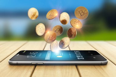 Yaratıcı soyut bitcoin borsası, para kazanma ve ticari ticari finansal konsept: 3 boyutlu cep telefonu veya akıllı telefon çizimi Internet borsa uygulaması ve masa üzerinde altın kripto para bulutu