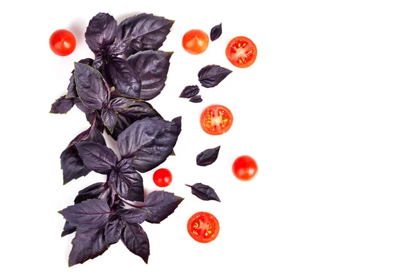 Vista Superior Hojas Albahaca Roja Tomates Cherry Aislados Sobre Fondo — Foto de Stock