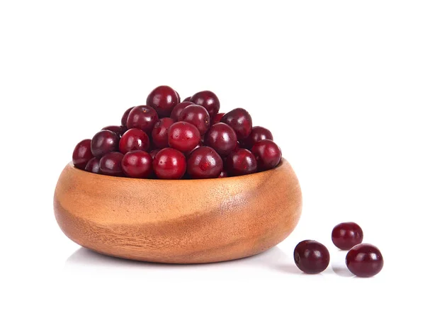 Ripe Sweet Cherry Berries Bamboo Bowl Isolated White Background — Stock Photo, Image