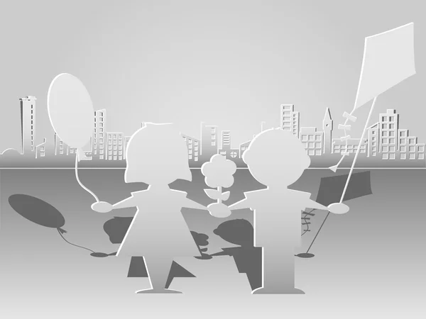 Silhouettes en papier découpé d'enfants sur fond de ville — Image vectorielle