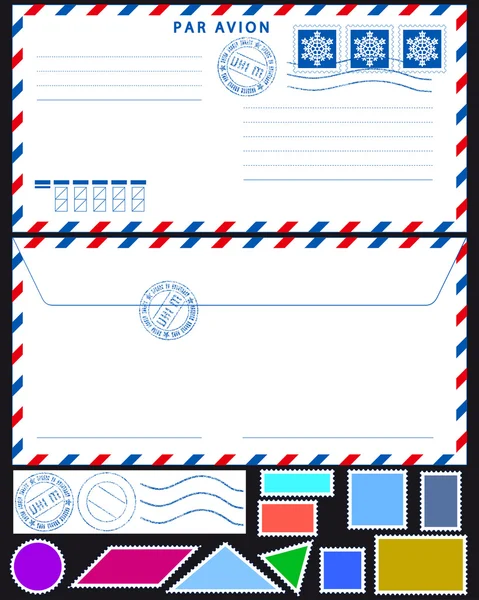 Airmail envelope and stamps set — Stock Vector