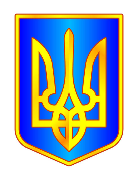 Illustration of the gold trident on blue shield. Coat of arms of Ukraine
