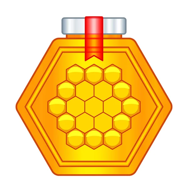 带有盖和图章的蜂蜜六角瓶的说明 — 图库矢量图片