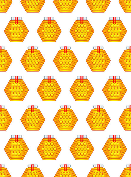 Seamless pattern of a honey hexagonal jar with lid and stamp