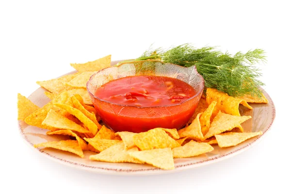 Nachos e molho vermelho — Fotografia de Stock