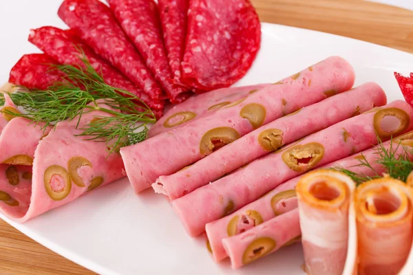 Salami, mortadella and bacon — Stock Photo, Image