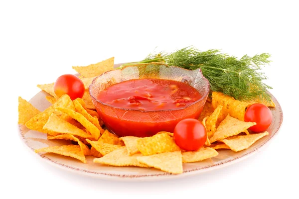 Nachos e molho vermelho — Fotografia de Stock