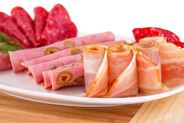 Salami, mortadella and bacon — Stock Photo, Image