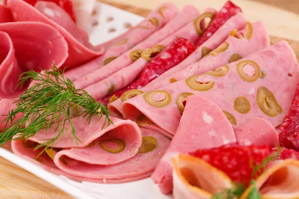Salame, mortadela e bacon — Fotografia de Stock