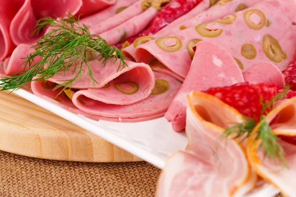 Salame, mortadela e bacon — Fotografia de Stock