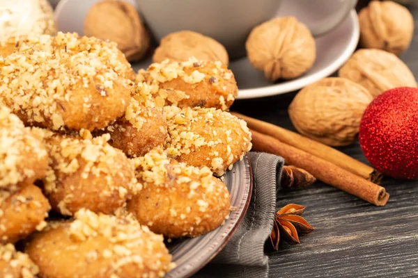 Greek Cyprus Traditional Christmas Sweets Melomakarona Cinnamon Sticks Walnuts Anise — Stock Photo, Image