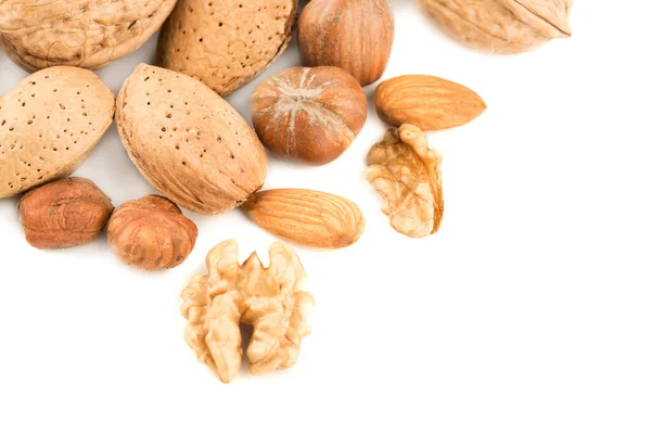 Heap Walnuts Almonds Hazelnuts White Background — Stockfoto