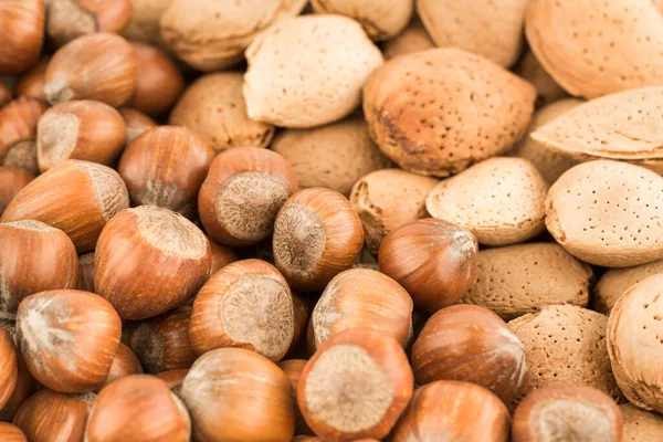 Lískové Ořechy Mandle Detailní Obrázek Horní Vodorovný Pohled Různé Ořechy — Stock fotografie
