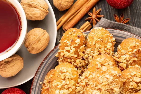 Greek Cyprus Traditional Christmas Sweets Melomakarona Cinnamon Sticks Walnuts Anise — Stockfoto